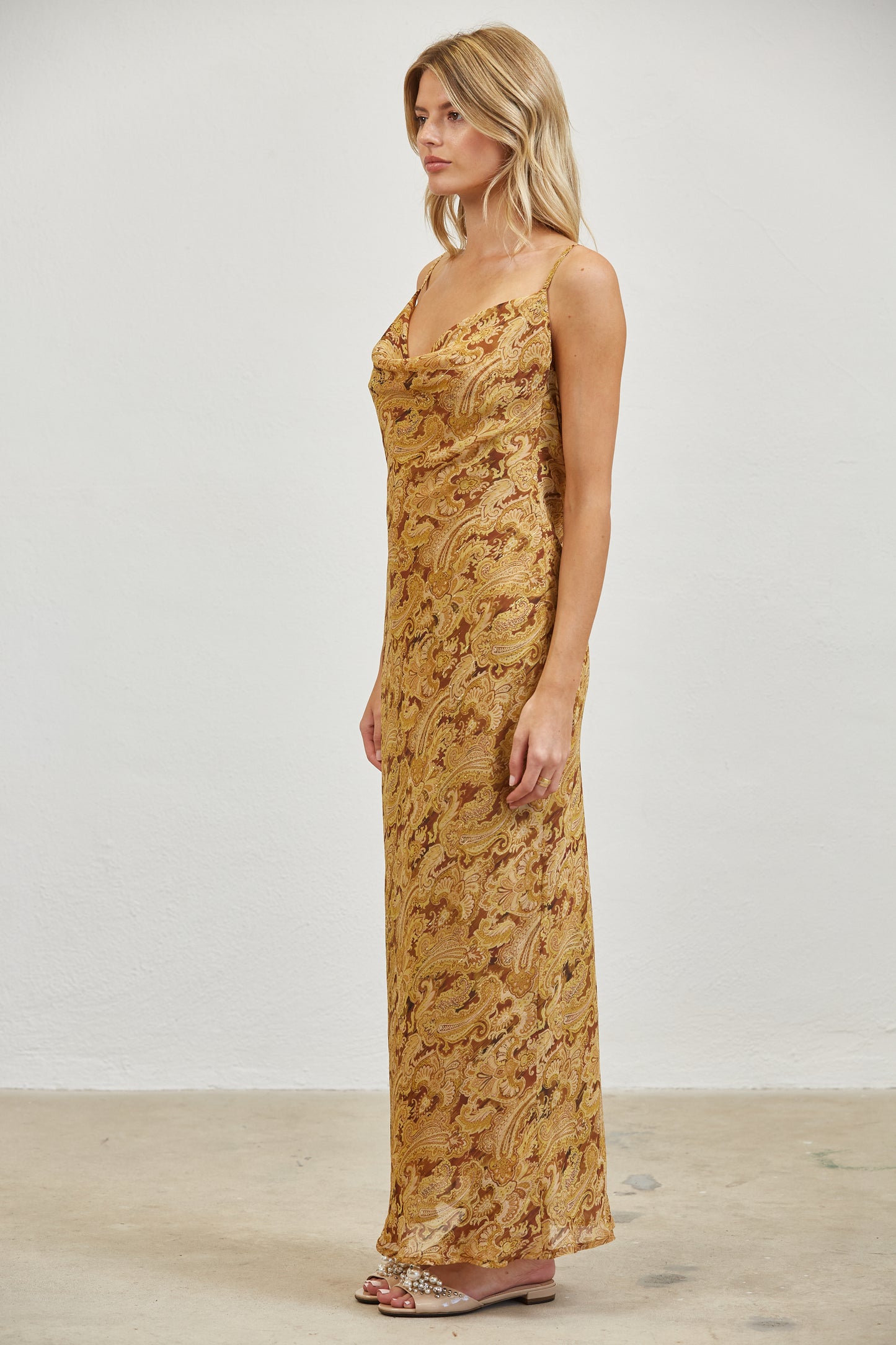 PAISLEY COWL NECK OPEN BACK SLIP MIDI DRESS