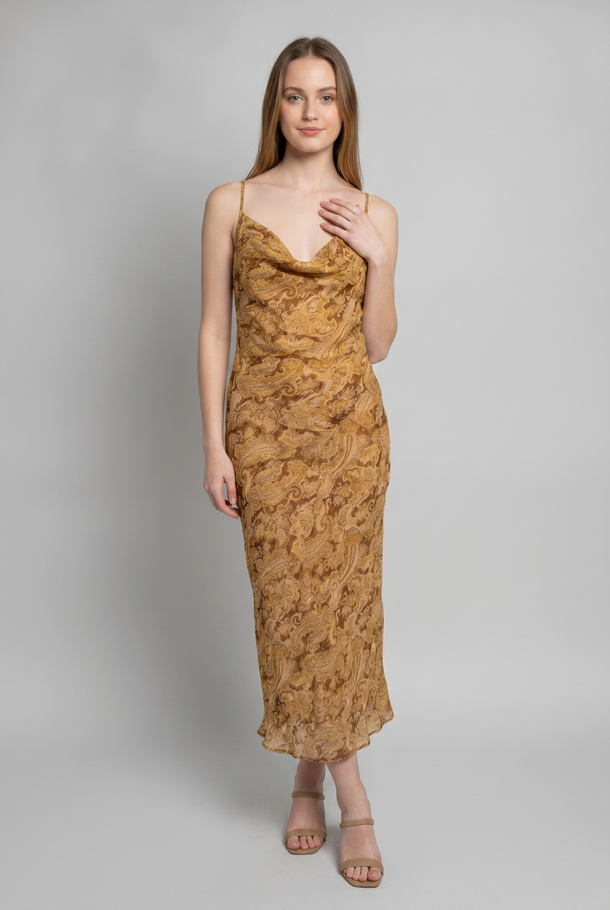 PAISLEY COWL NECK OPEN BACK SLIP MIDI DRESS