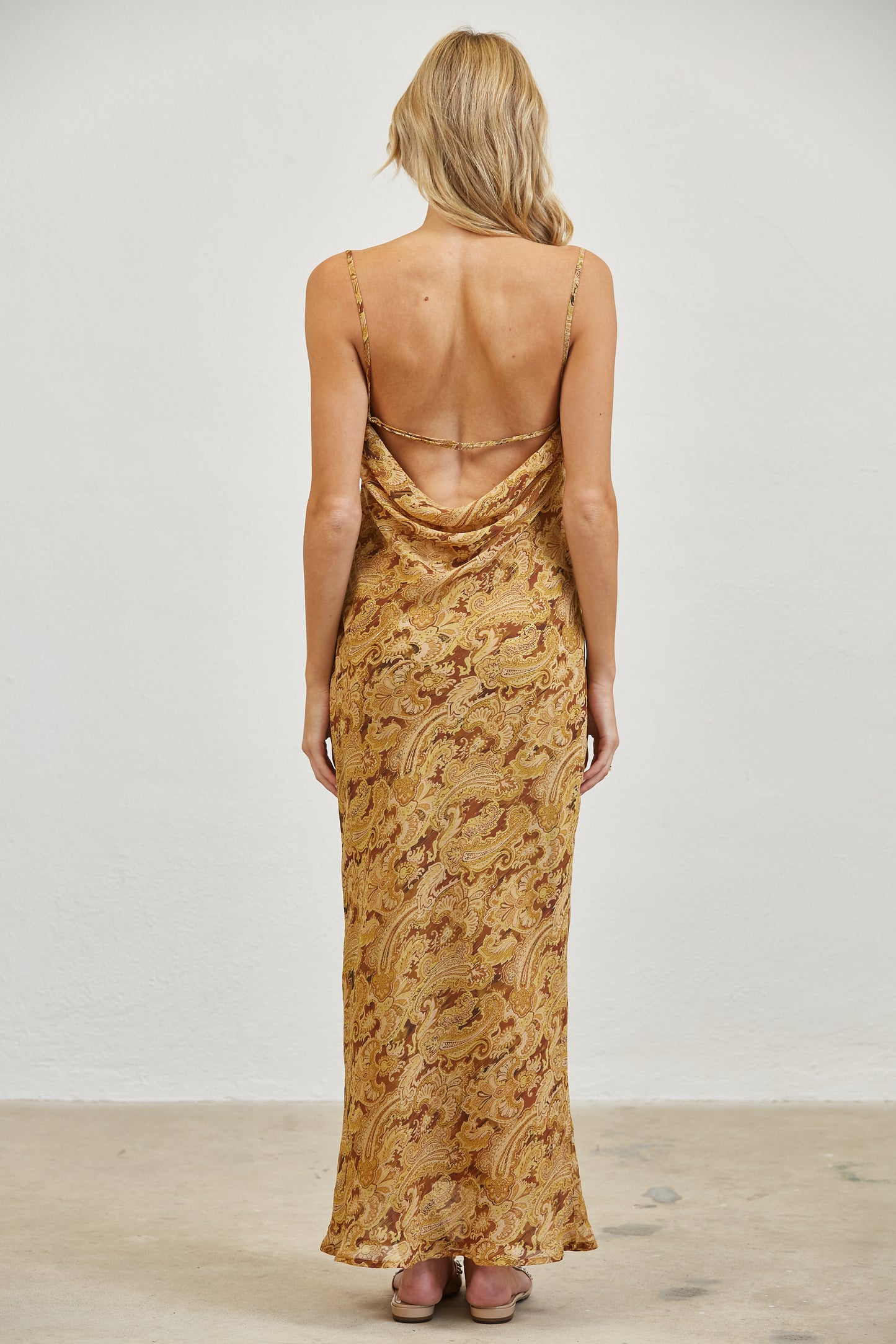 PAISLEY COWL NECK OPEN BACK SLIP MIDI DRESS