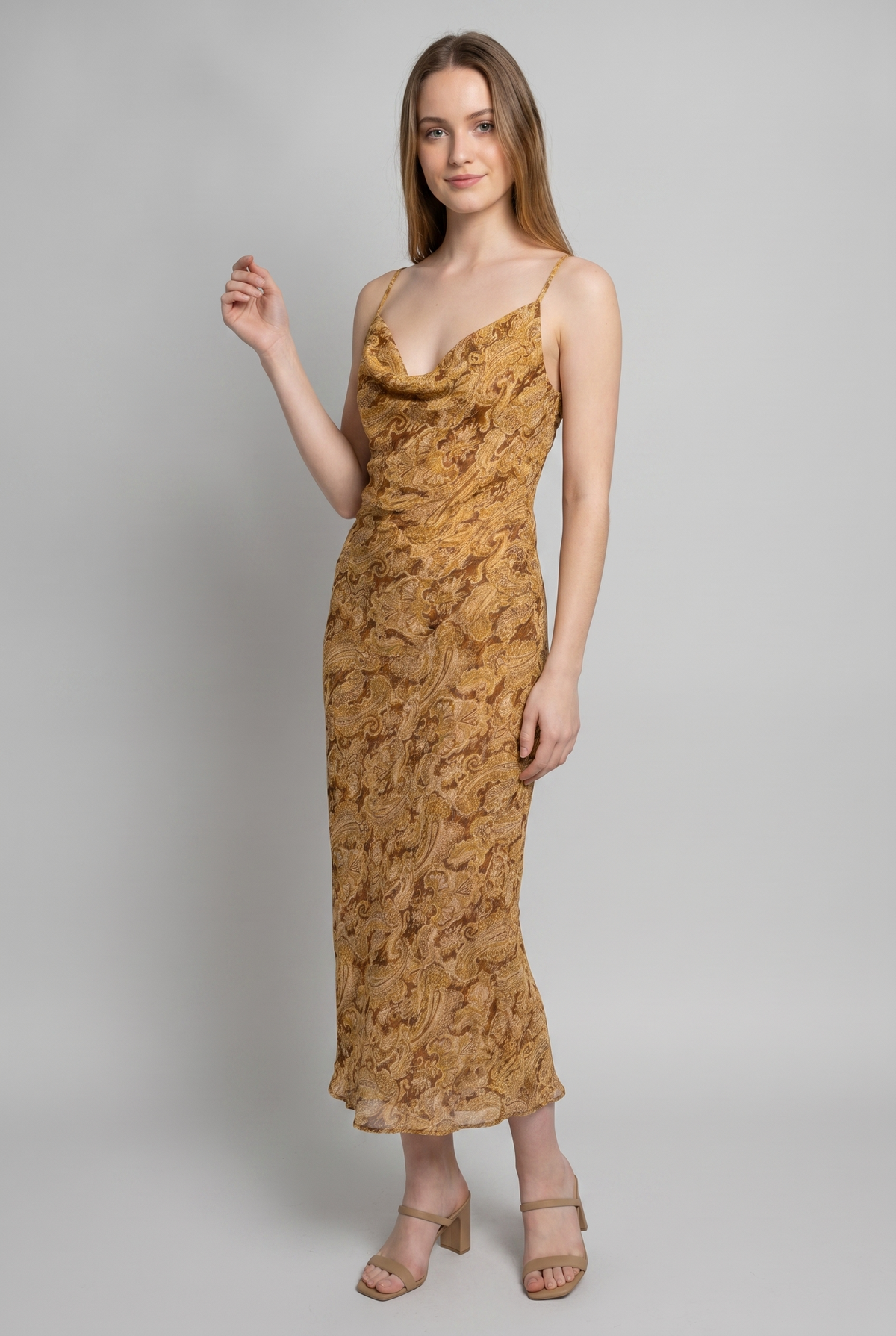 PAISLEY COWL NECK OPEN BACK SLIP MIDI DRESS