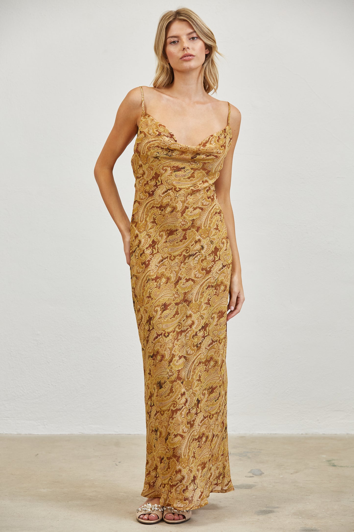 PAISLEY COWL NECK OPEN BACK SLIP MIDI DRESS