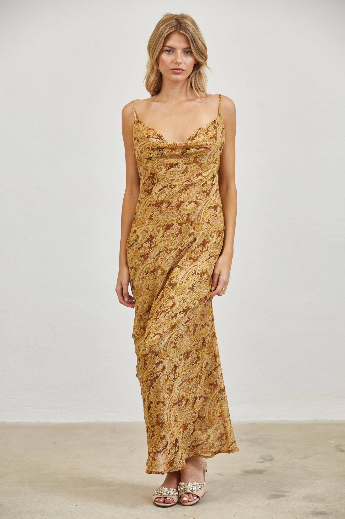 PAISLEY COWL NECK OPEN BACK SLIP MIDI DRESS