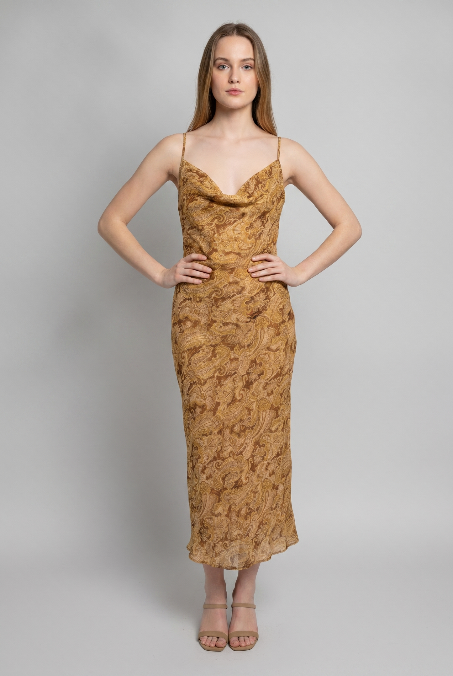 PAISLEY COWL NECK OPEN BACK SLIP MIDI DRESS