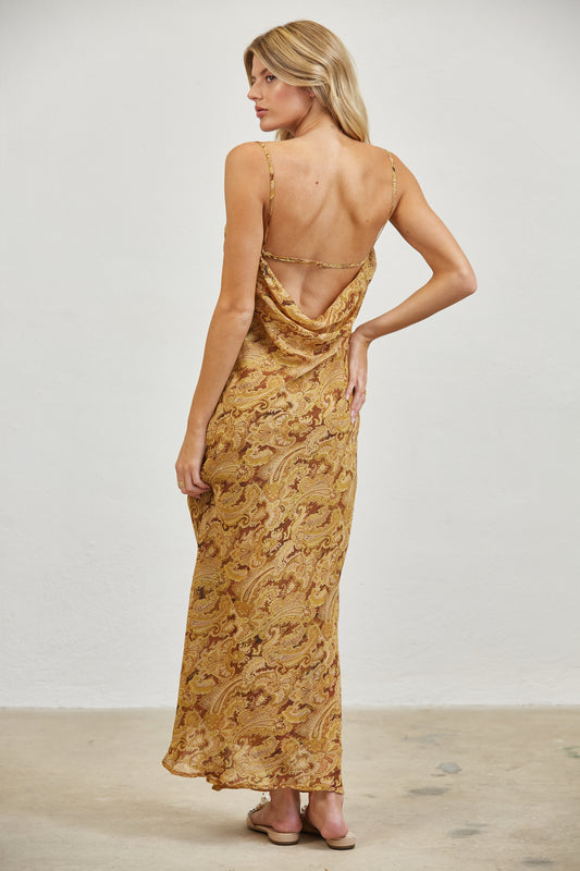 PAISLEY COWL NECK OPEN BACK SLIP MIDI DRESS
