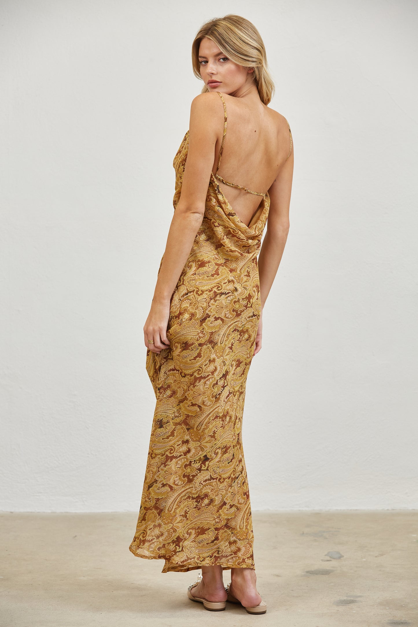 PAISLEY COWL NECK OPEN BACK SLIP MIDI DRESS