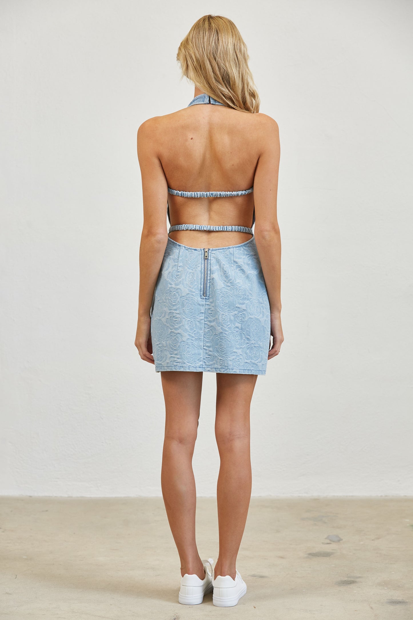 JACQUARD DENIM OPEN BACK MINI DRESS
