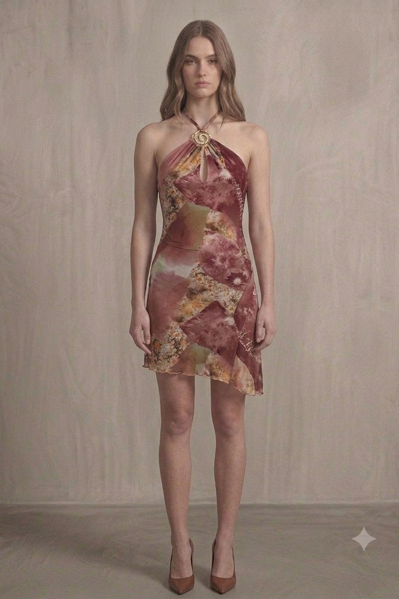 Printed Halter Ring Detail Asymmetrical Mini Dress