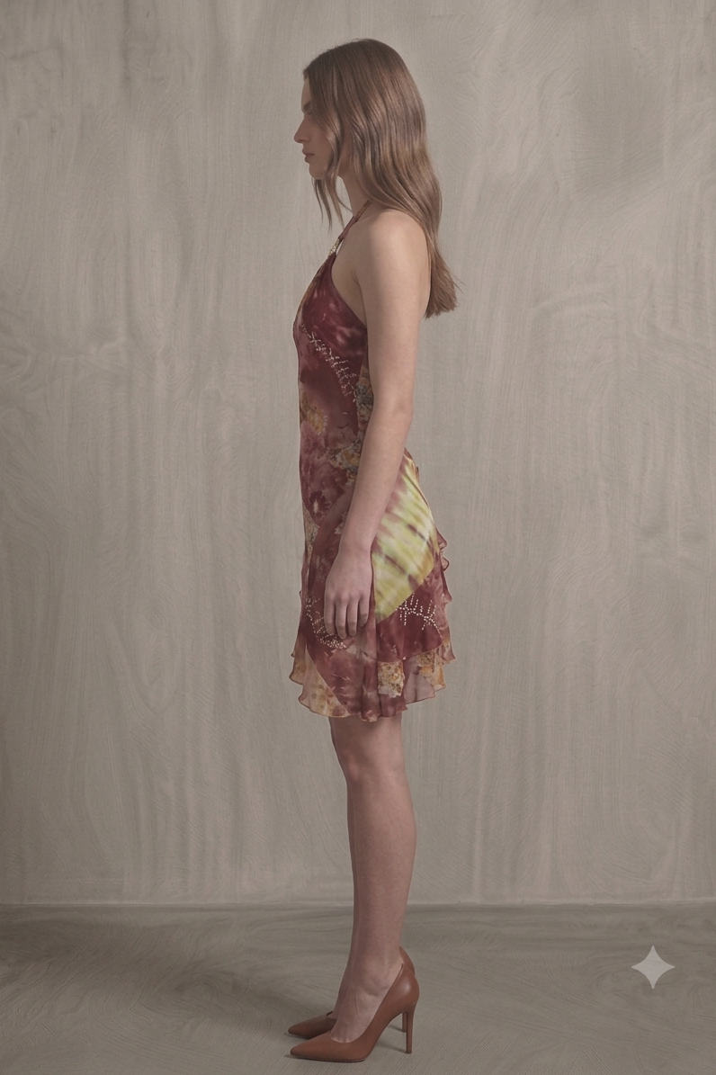 Printed Halter Ring Detail Asymmetrical Mini Dress