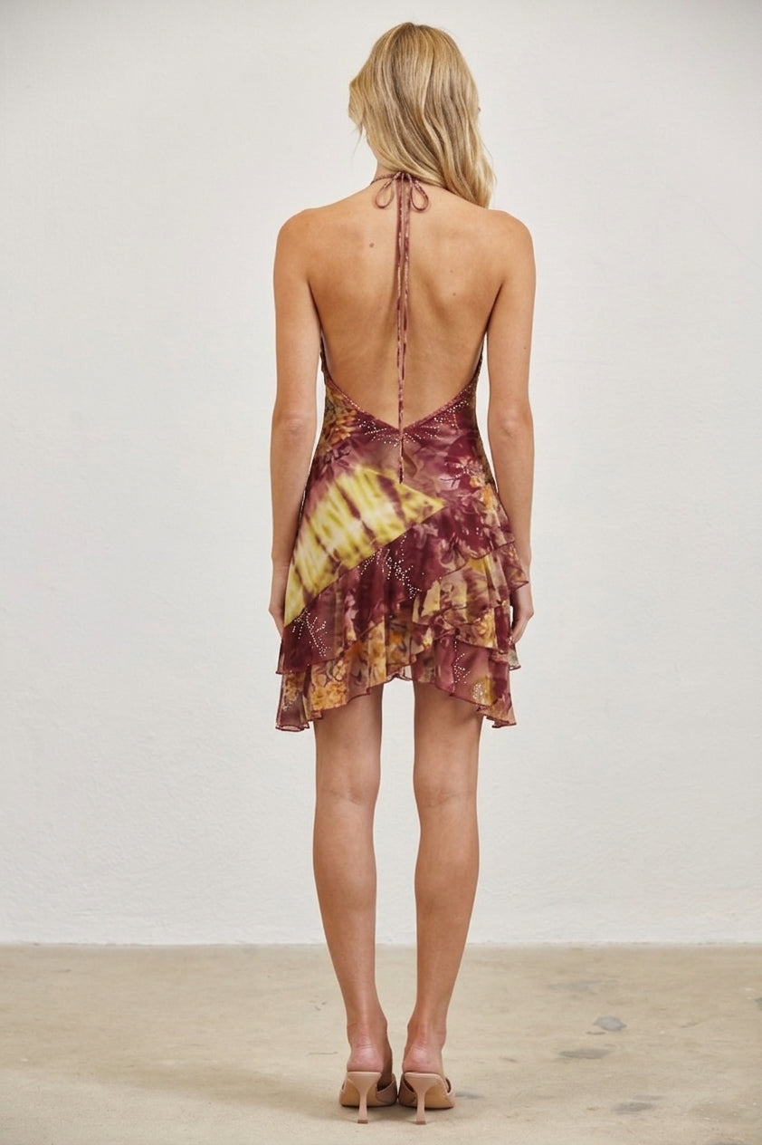 PRINTED HALTER RING DETAIL ASYMMERTICAL MINI DRESS