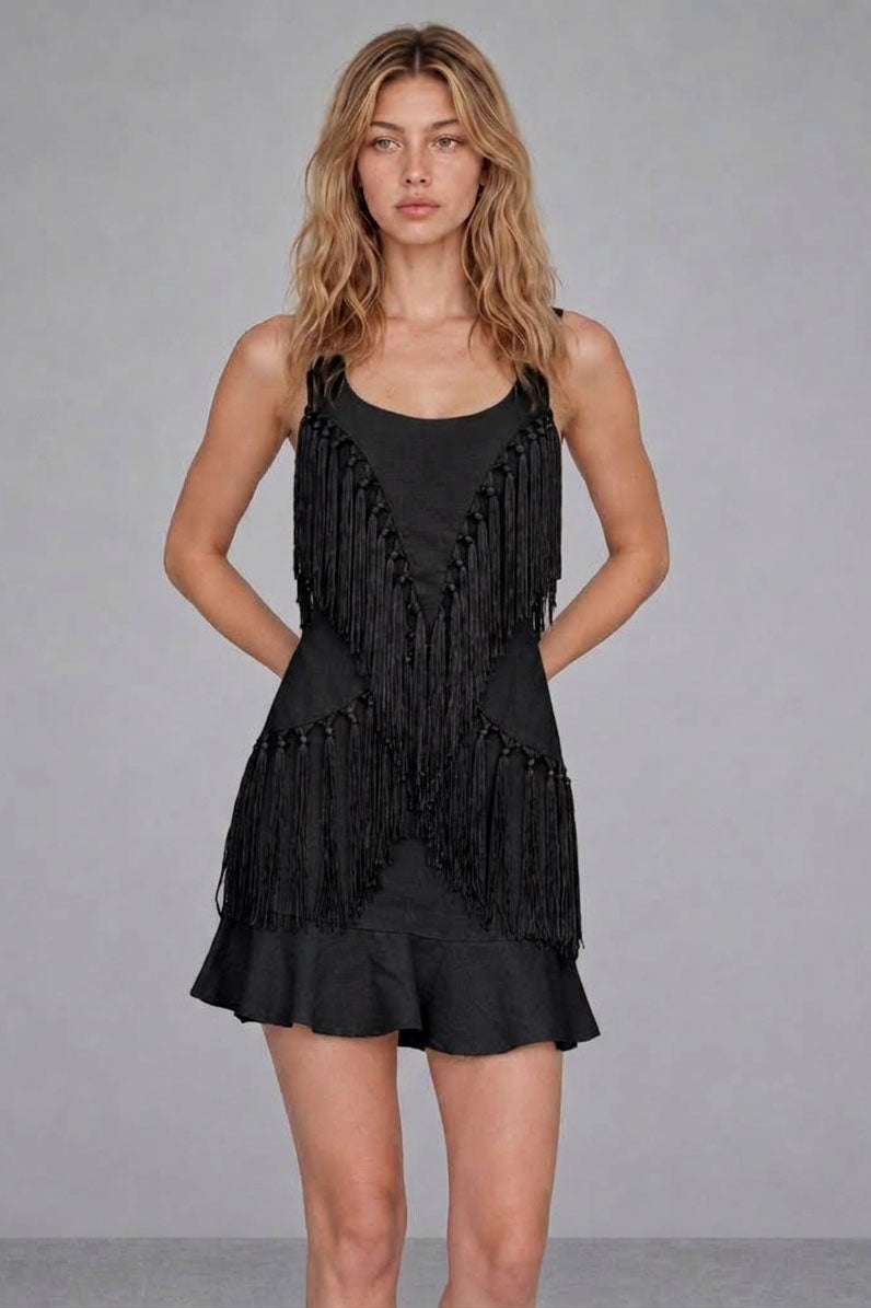 BOHO TASSEL FRINGE RUFFLE MINI DRESS