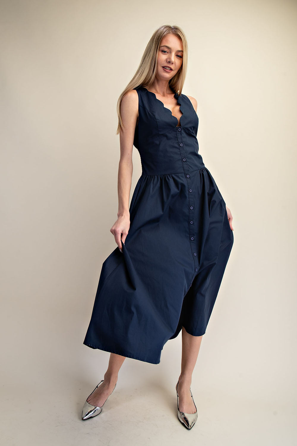 SCALLOP NECK SLEEVELESS MIDI DRESS - MIDNIGHT NAVY