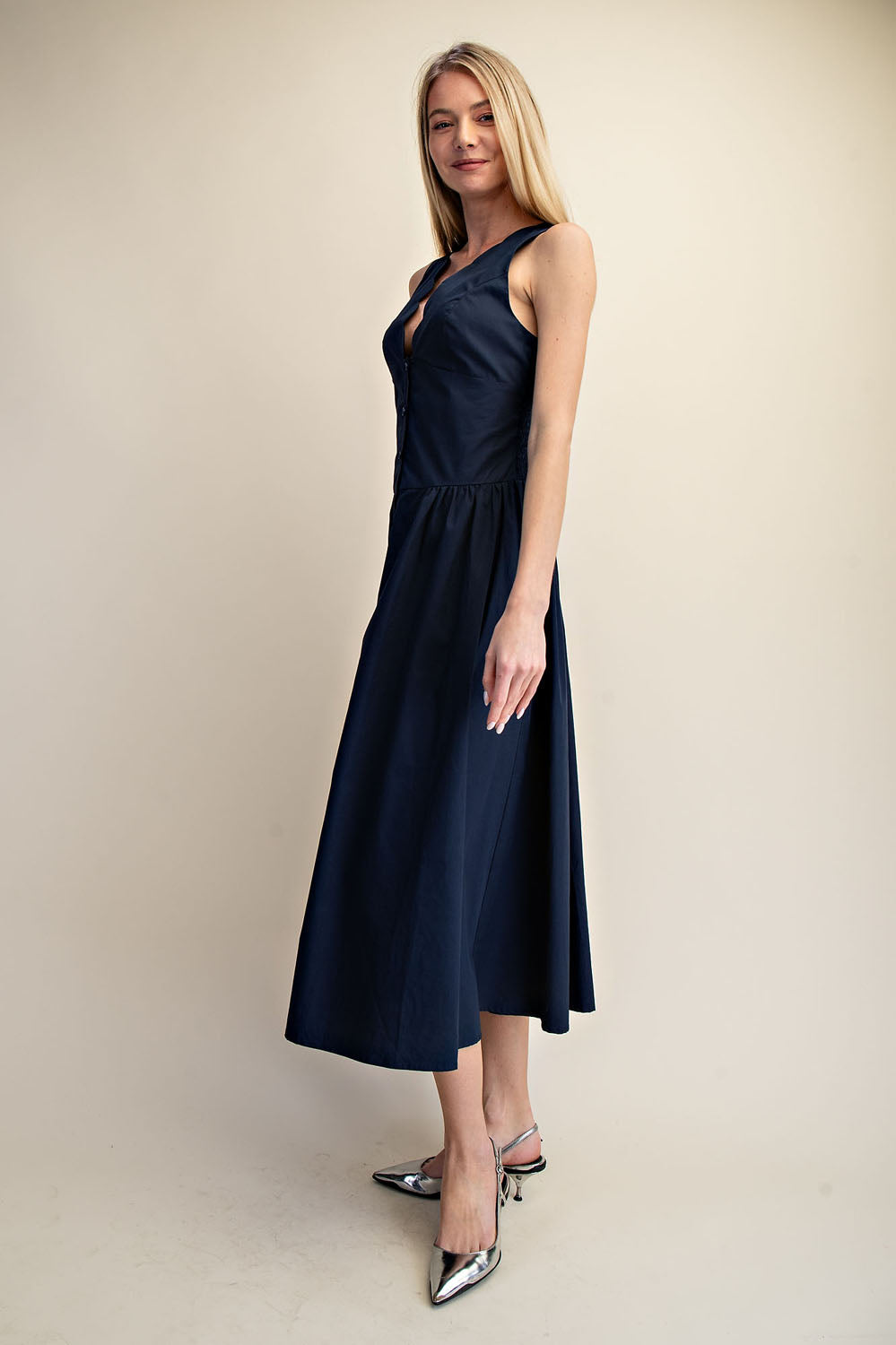 SCALLOP NECK SLEEVELESS MIDI DRESS - MIDNIGHT NAVY