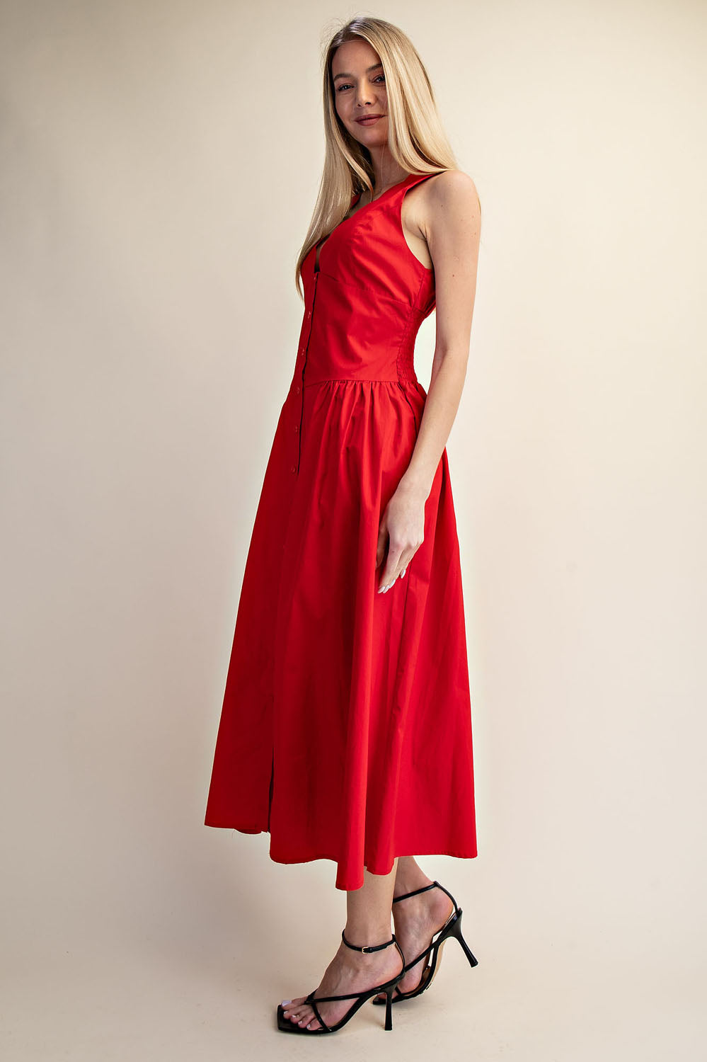 SCALLOP NECK SLEEVELESS MIDI DRESS - SUMMER RED