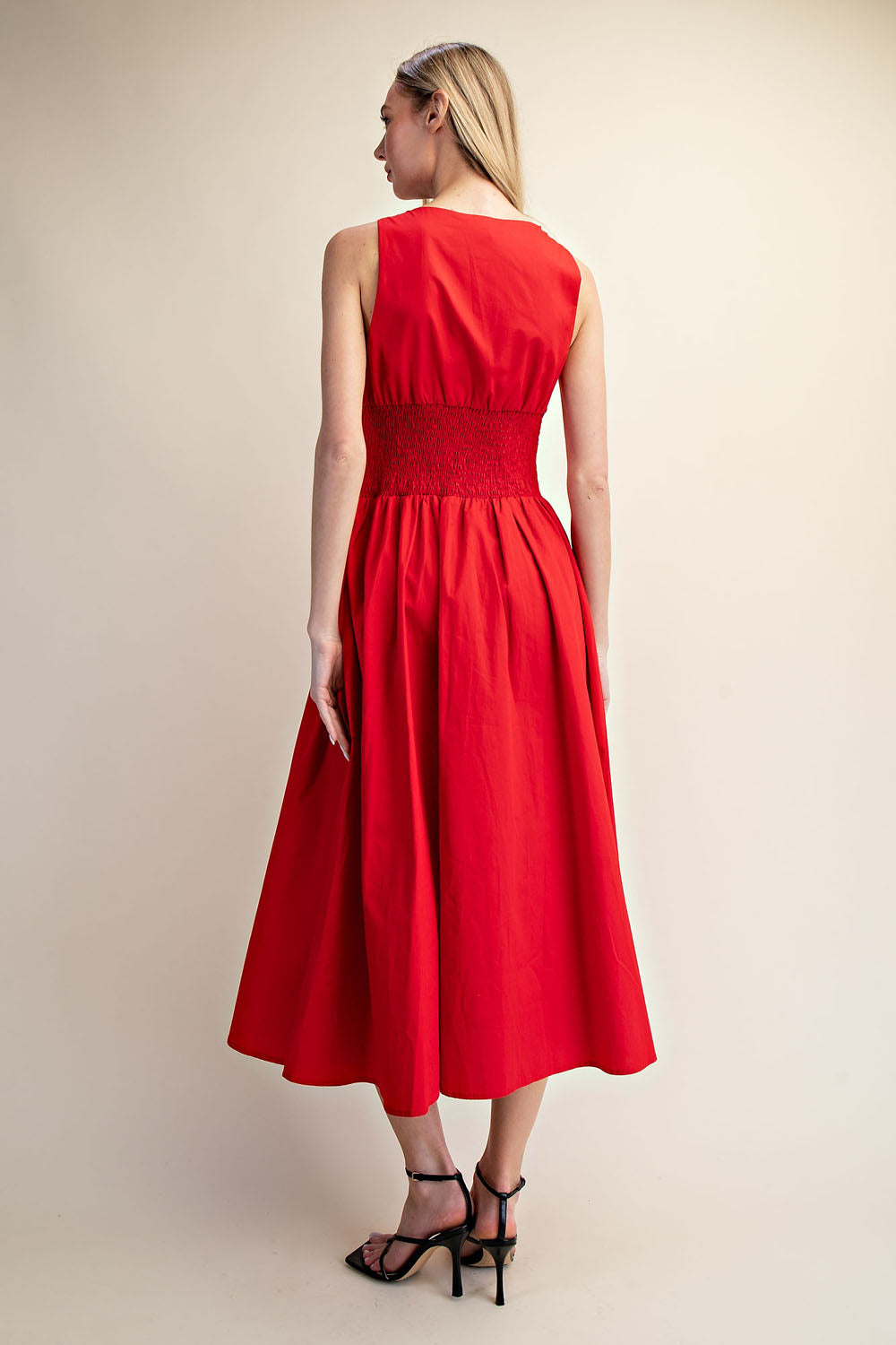 SCALLOP NECK SLEEVELESS MIDI DRESS - SUMMER RED