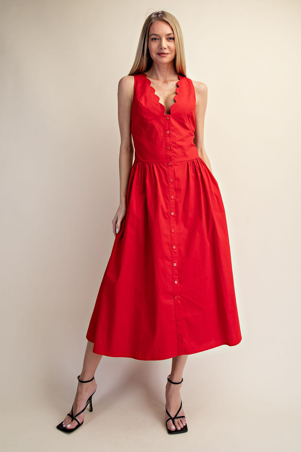 SCALLOP NECK SLEEVELESS MIDI DRESS - MIDNIGHT NAVY