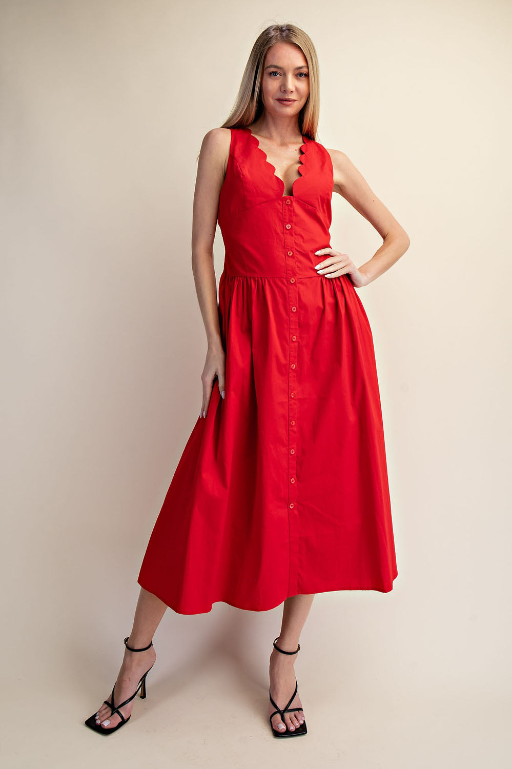 SCALLOP NECK SLEEVELESS MIDI DRESS - MIDNIGHT NAVY
