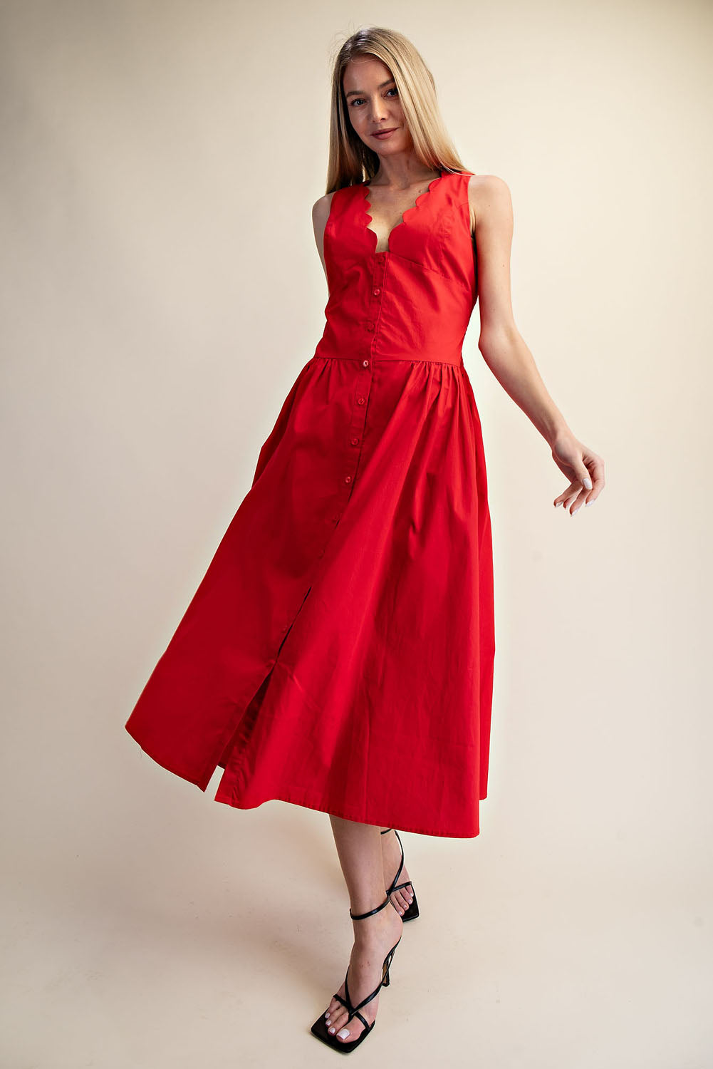SCALLOP NECK SLEEVELESS MIDI DRESS - SUMMER RED