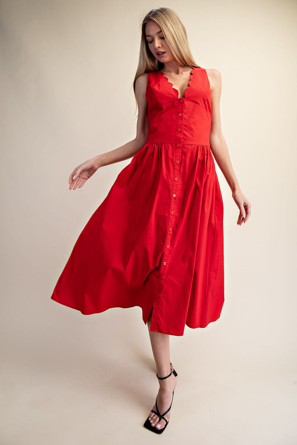 SCALLOP NECK SLEEVELESS MIDI DRESS - SUMMER RED