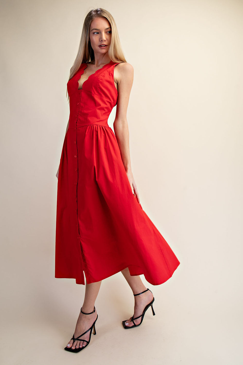 SCALLOP NECK SLEEVELESS MIDI DRESS - SUMMER RED