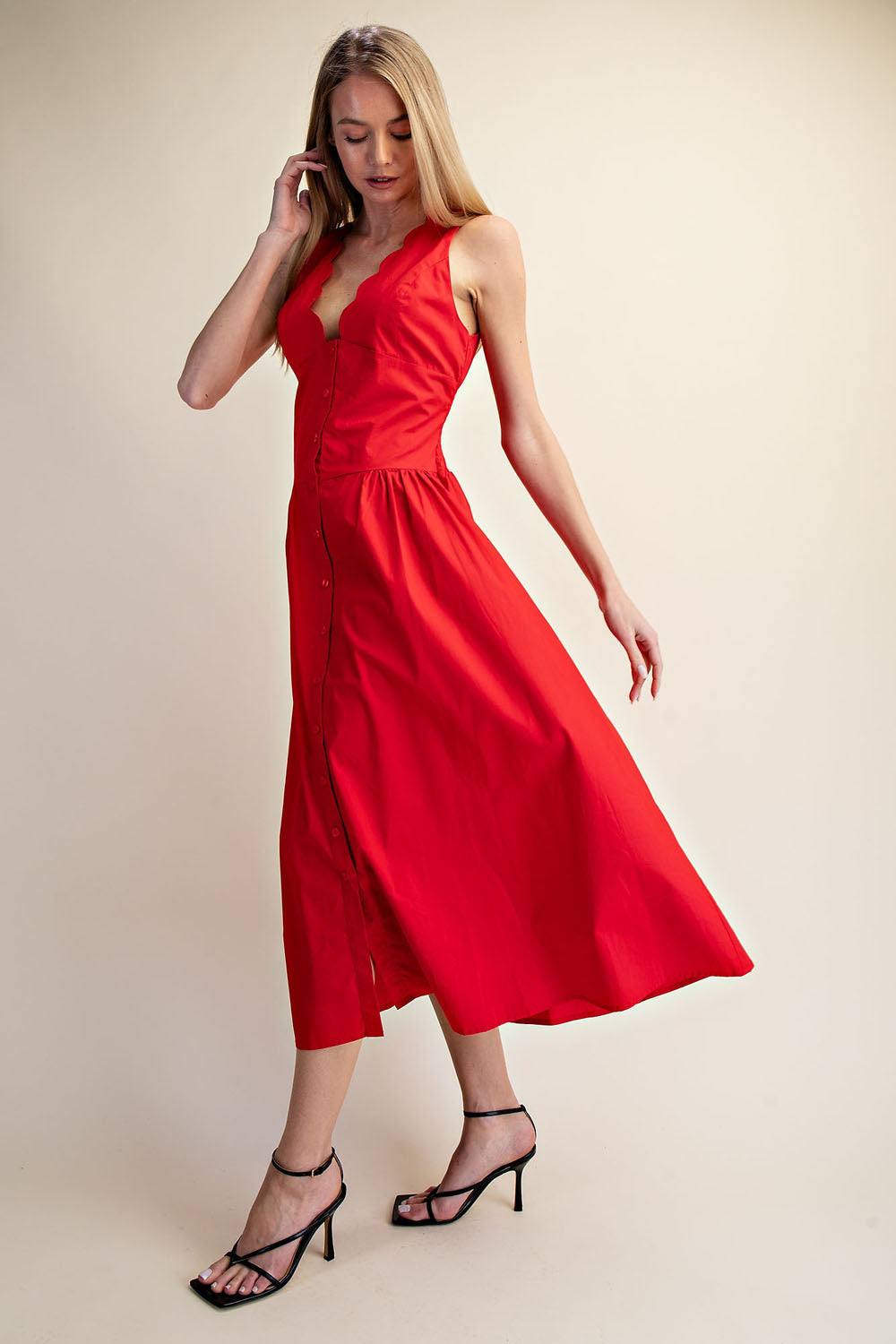 SCALLOP NECK SLEEVELESS MIDI DRESS - MIDNIGHT NAVY