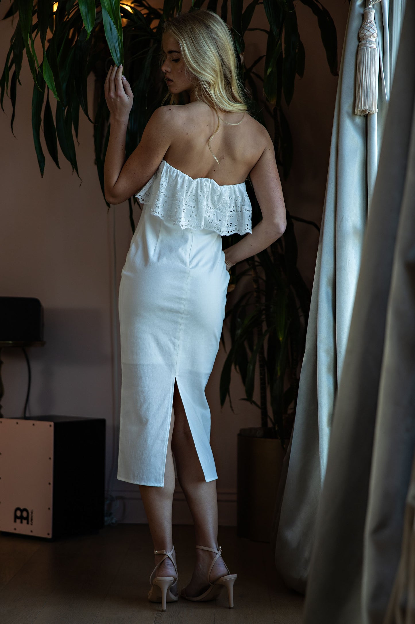 OTS LACE RUFFLE MIDI DRESS
