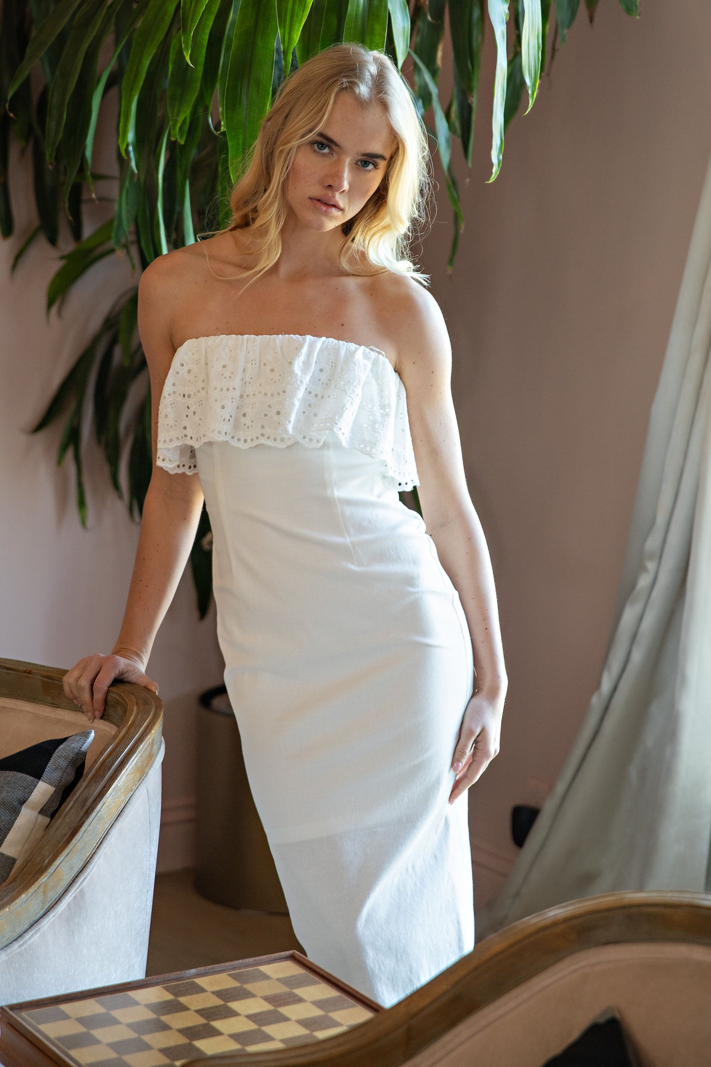 OTS LACE RUFFLE MIDI DRESS