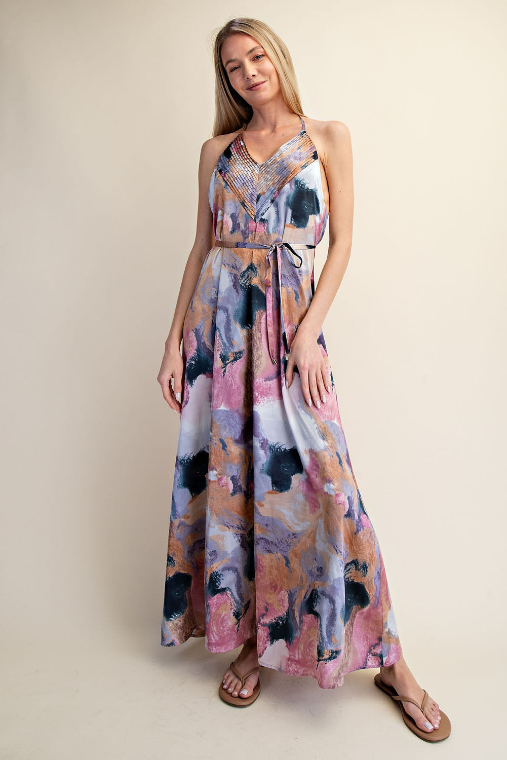 ABSTRACT PRINT HALTER OPEN BACK MAXI DRESS