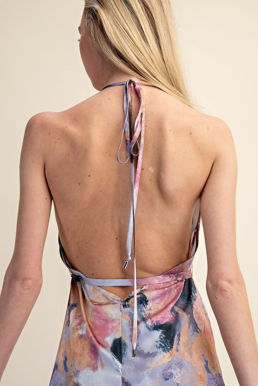 ABSTRACT PRINT HALTER OPEN BACK MAXI DRESS