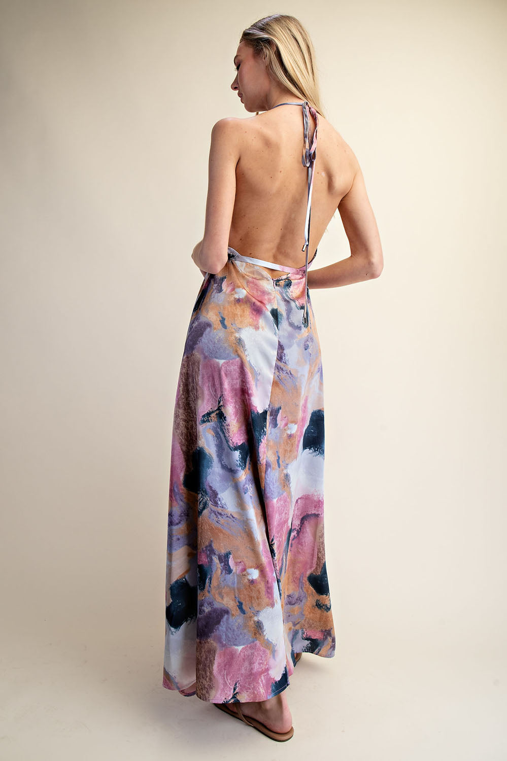 ABSTRACT PRINT HALTER OPEN BACK MAXI DRESS