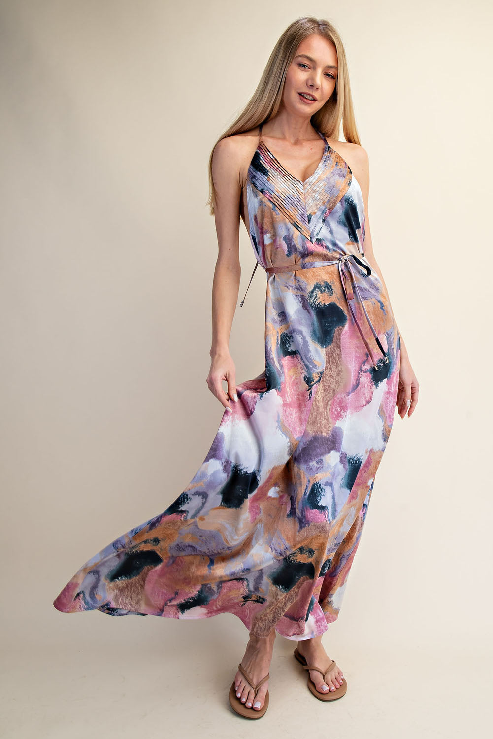 ABSTRACT PRINT HALTER OPEN BACK MAXI DRESS