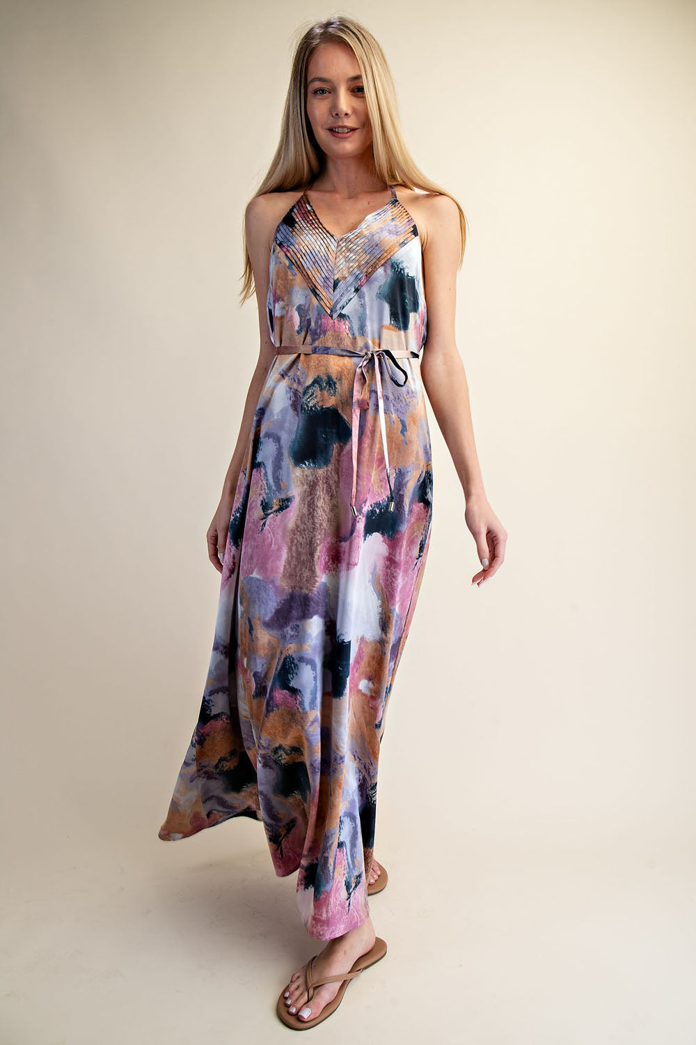 ABSTRACT PRINT HALTER OPEN BACK MAXI DRESS