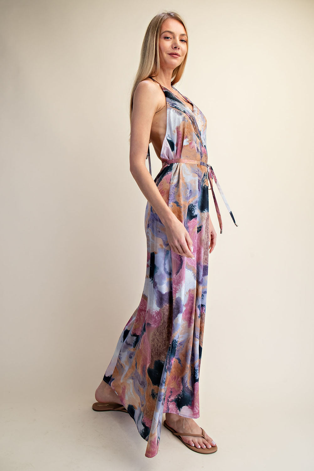 ABSTRACT PRINT HALTER OPEN BACK MAXI DRESS
