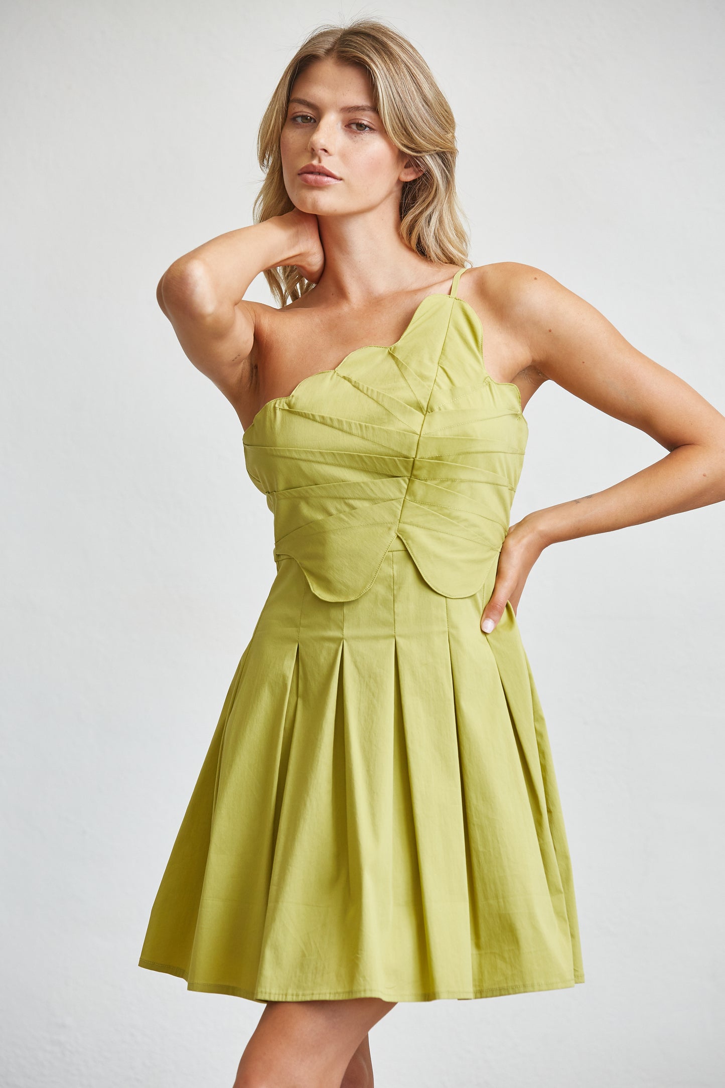 CONTOUR PLEATED MINI DRESS - MATCHA