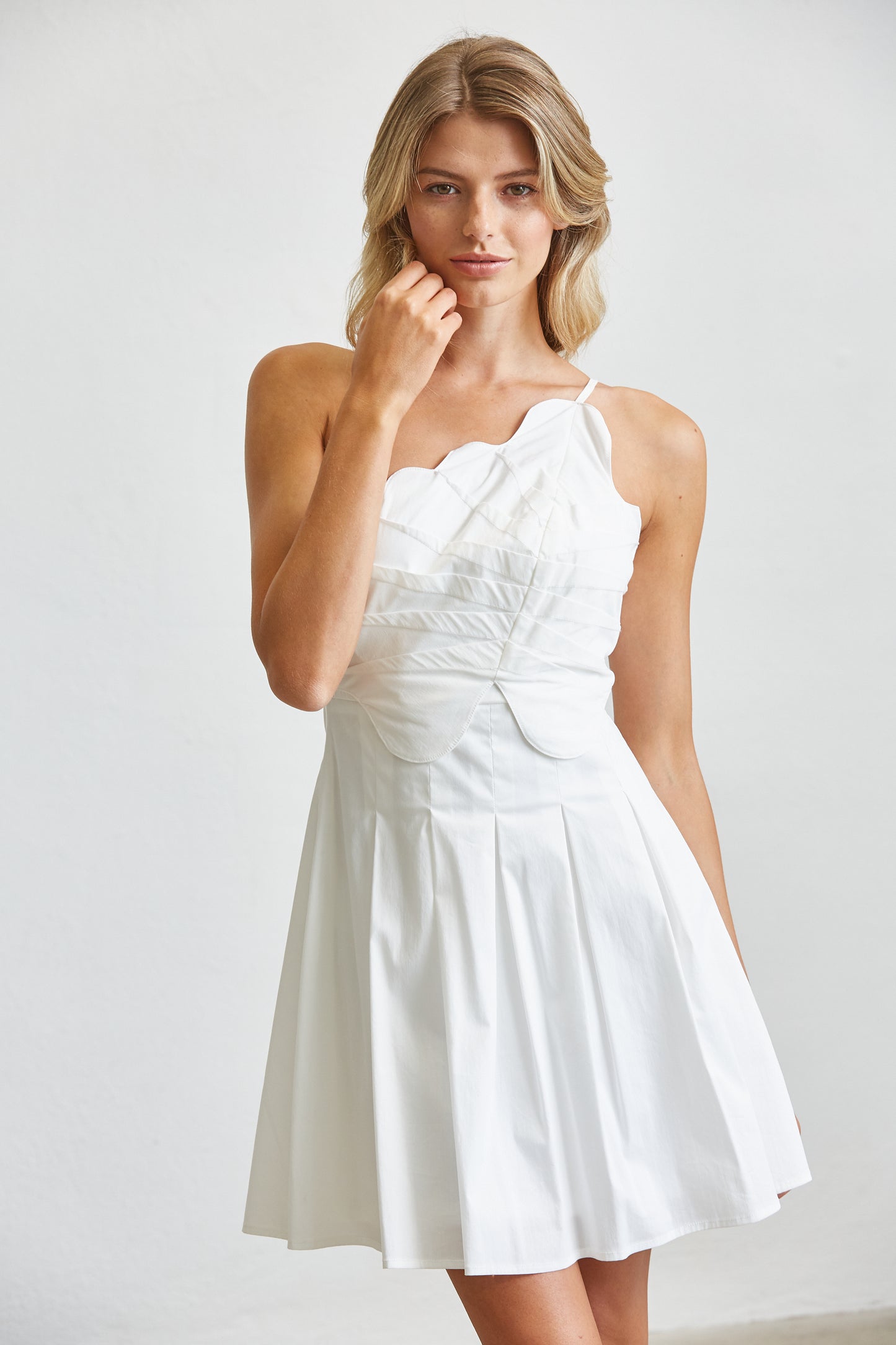 CONTOUR PLEATED MINI DRESS - MATCHA