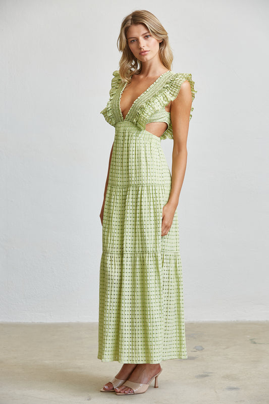 TEXTURED RUFFLE SLEEVE CUT-OUT MAXI DRESS - MATCHA