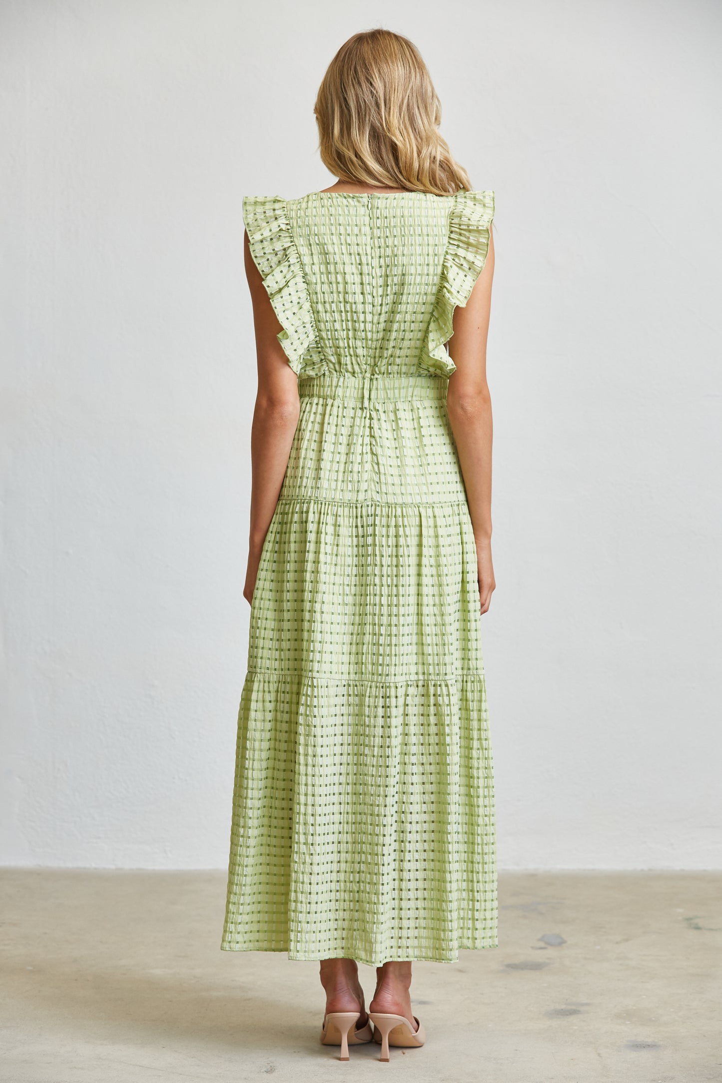 TEXTURED RUFFLE SLEEVE CUT-OUT MAXI DRESS - MATCHA