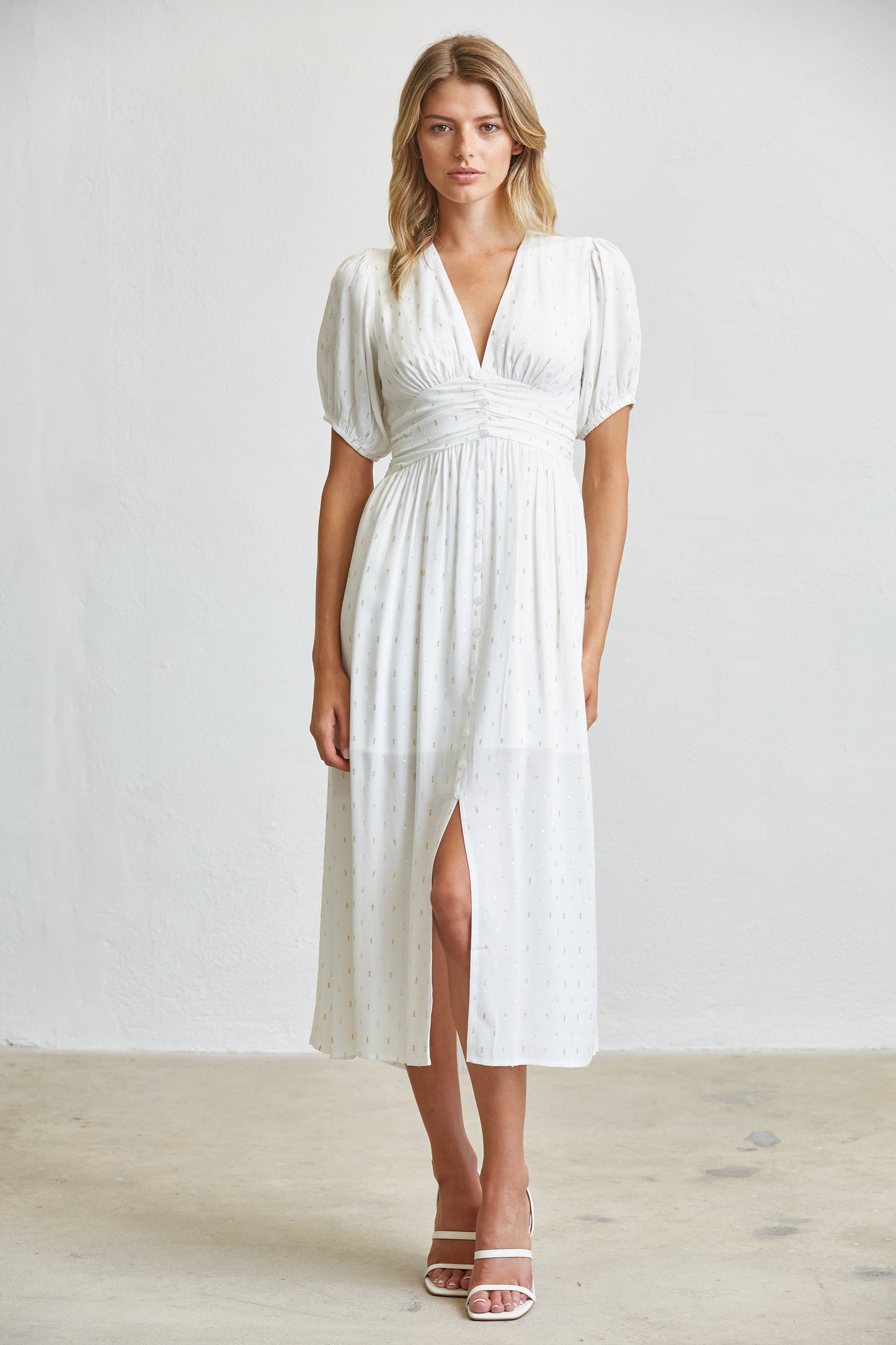 GOLD LUREX DOT PUFF SLEEVE MIDI DRESS