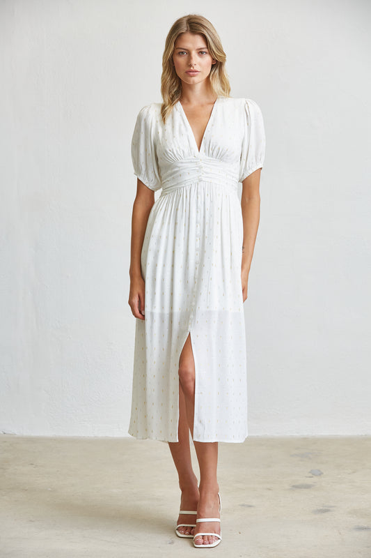 GOLD LUREX DOT PUFF SLEEVE MIDI DRESS
