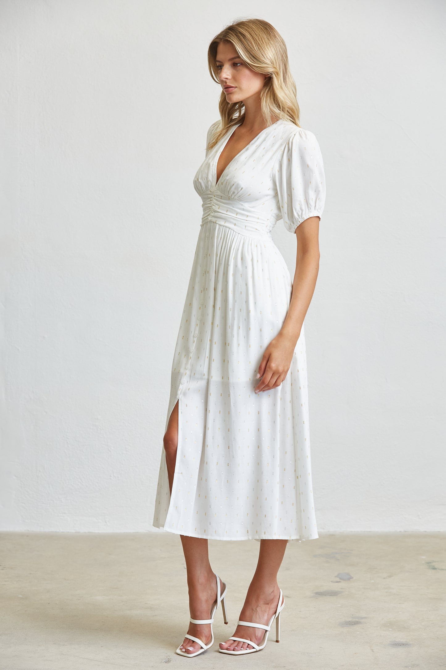 GOLD LUREX DOT PUFF SLEEVE MIDI DRESS
