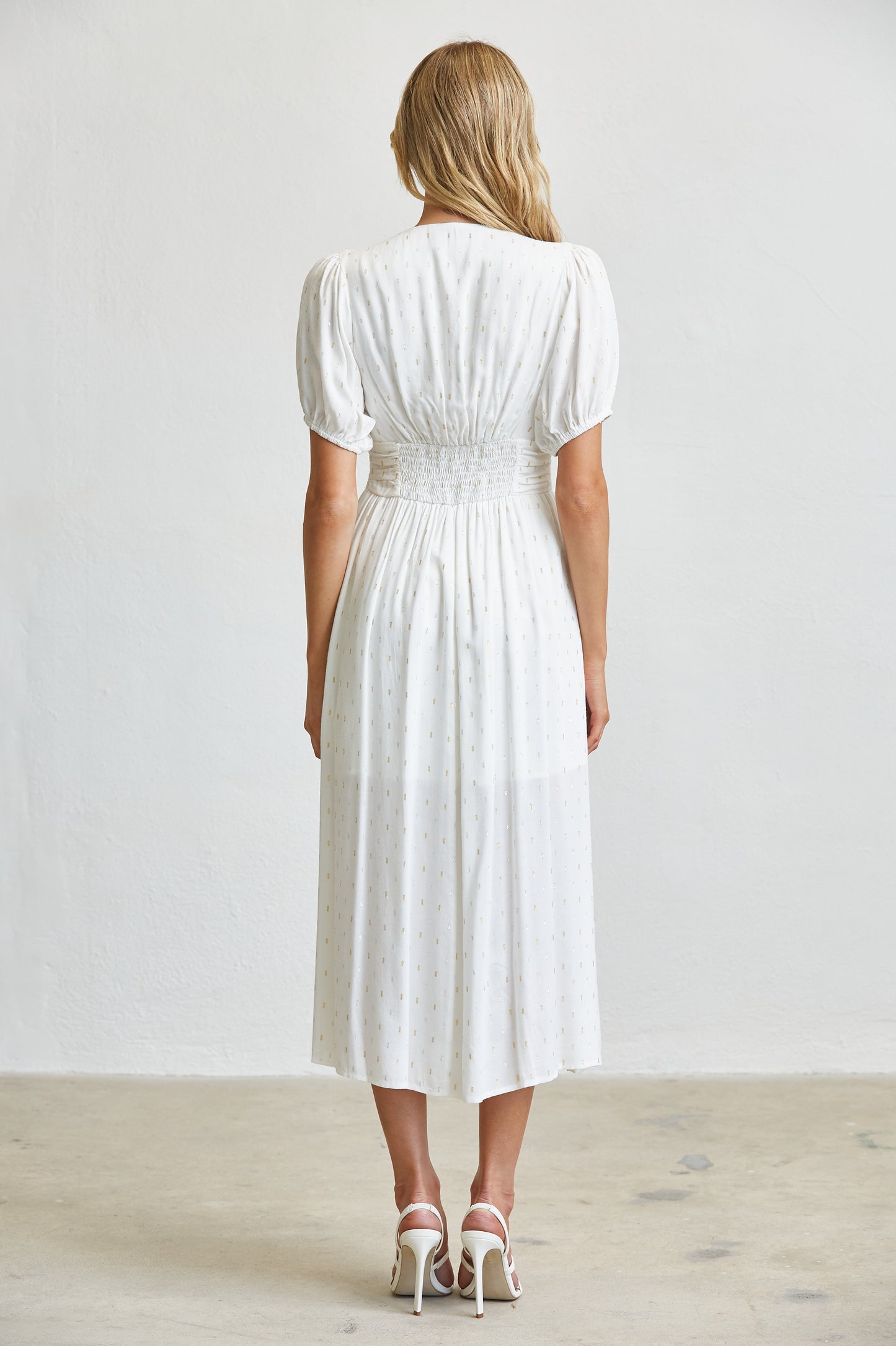GOLD LUREX DOT PUFF SLEEVE MIDI DRESS