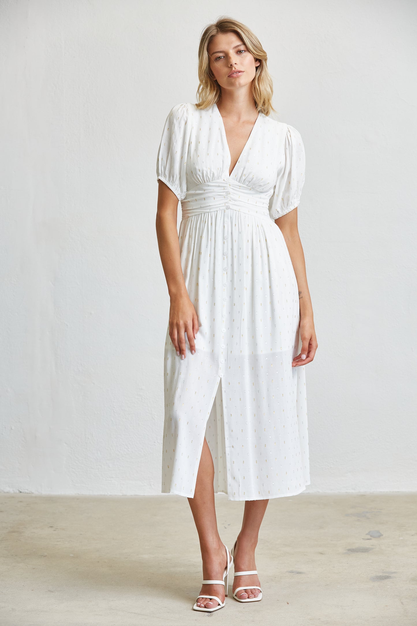 GOLD LUREX DOT PUFF SLEEVE MIDI DRESS