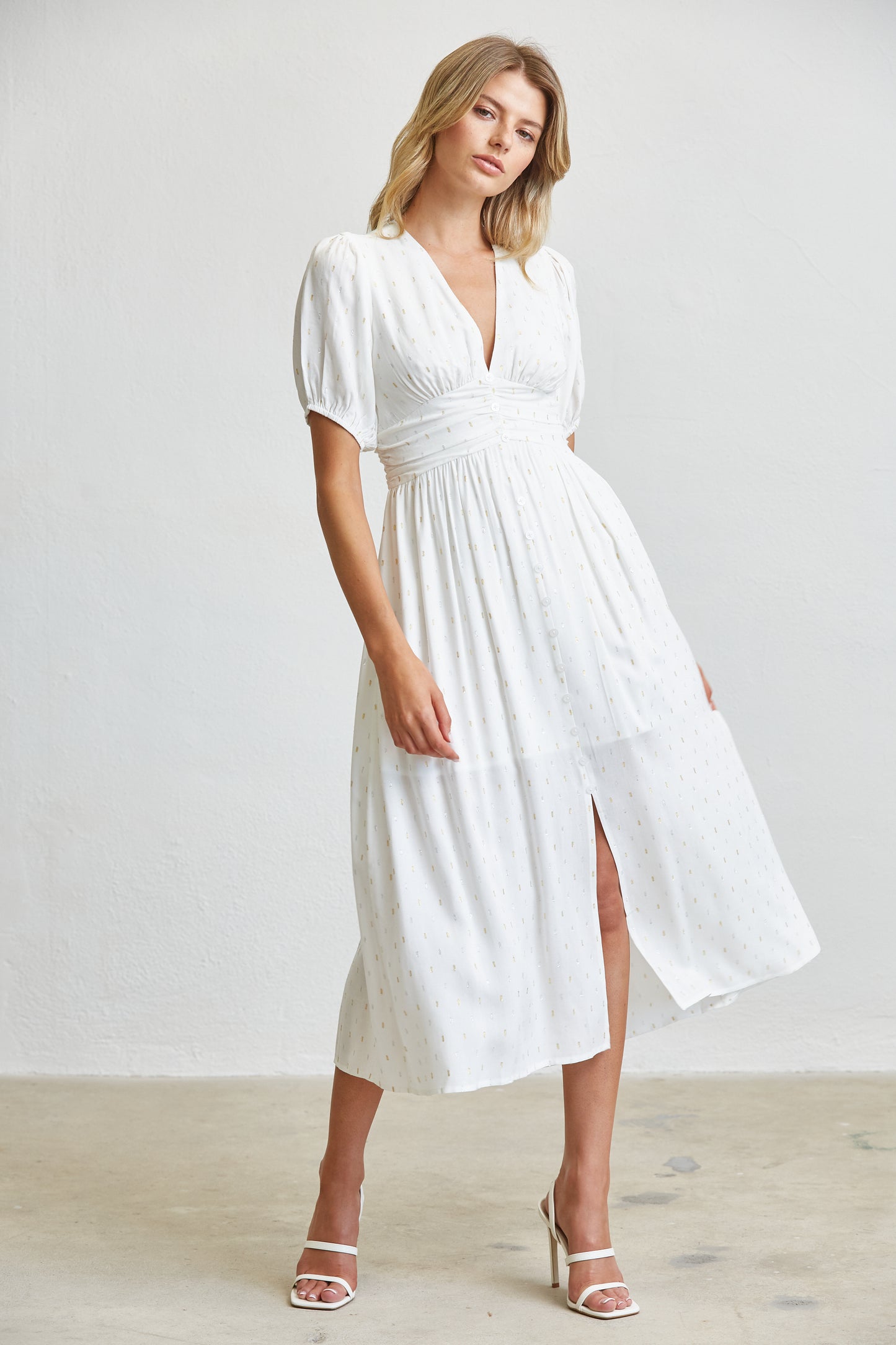 GOLD LUREX DOT PUFF SLEEVE MIDI DRESS