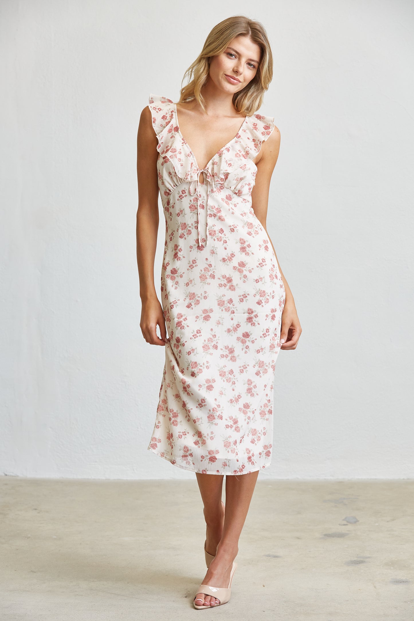 BLUSH GARDEN FLORAL MIDI DRESS