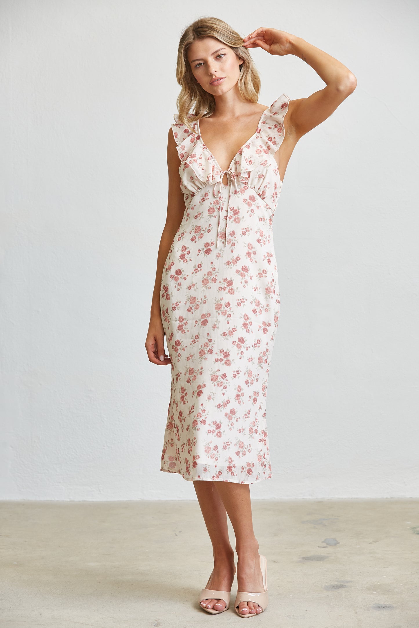 BLUSH GARDEN FLORAL MIDI DRESS