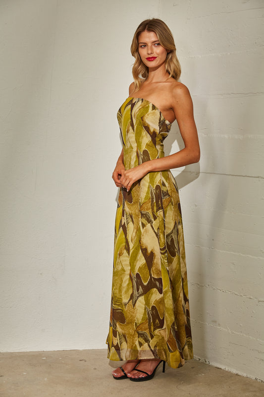 LEAF PRINT STRAPLESS MAXI DRESS