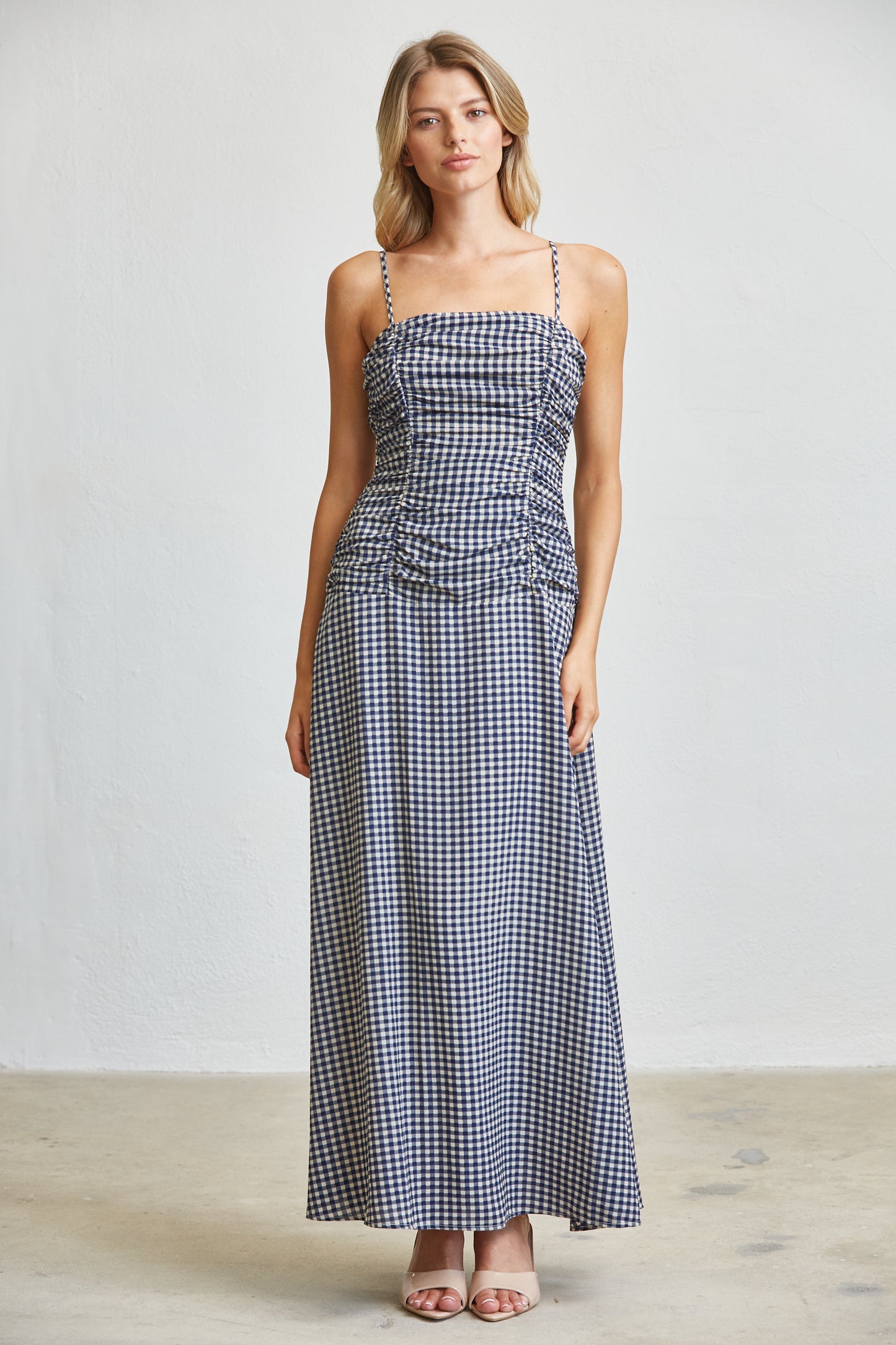 CHECK RUCHED MIDI DRESS