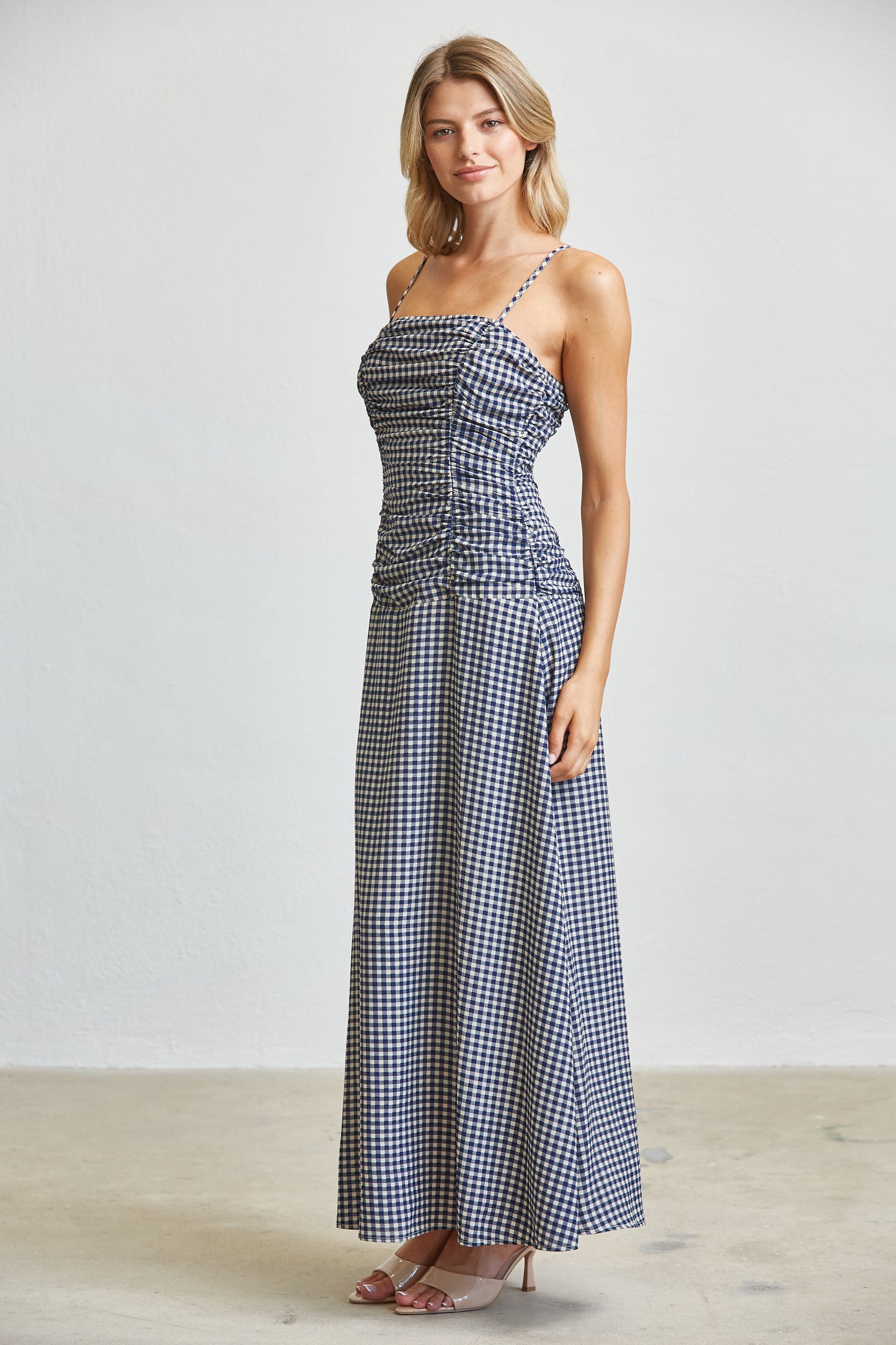 CHECK RUCHED MIDI DRESS