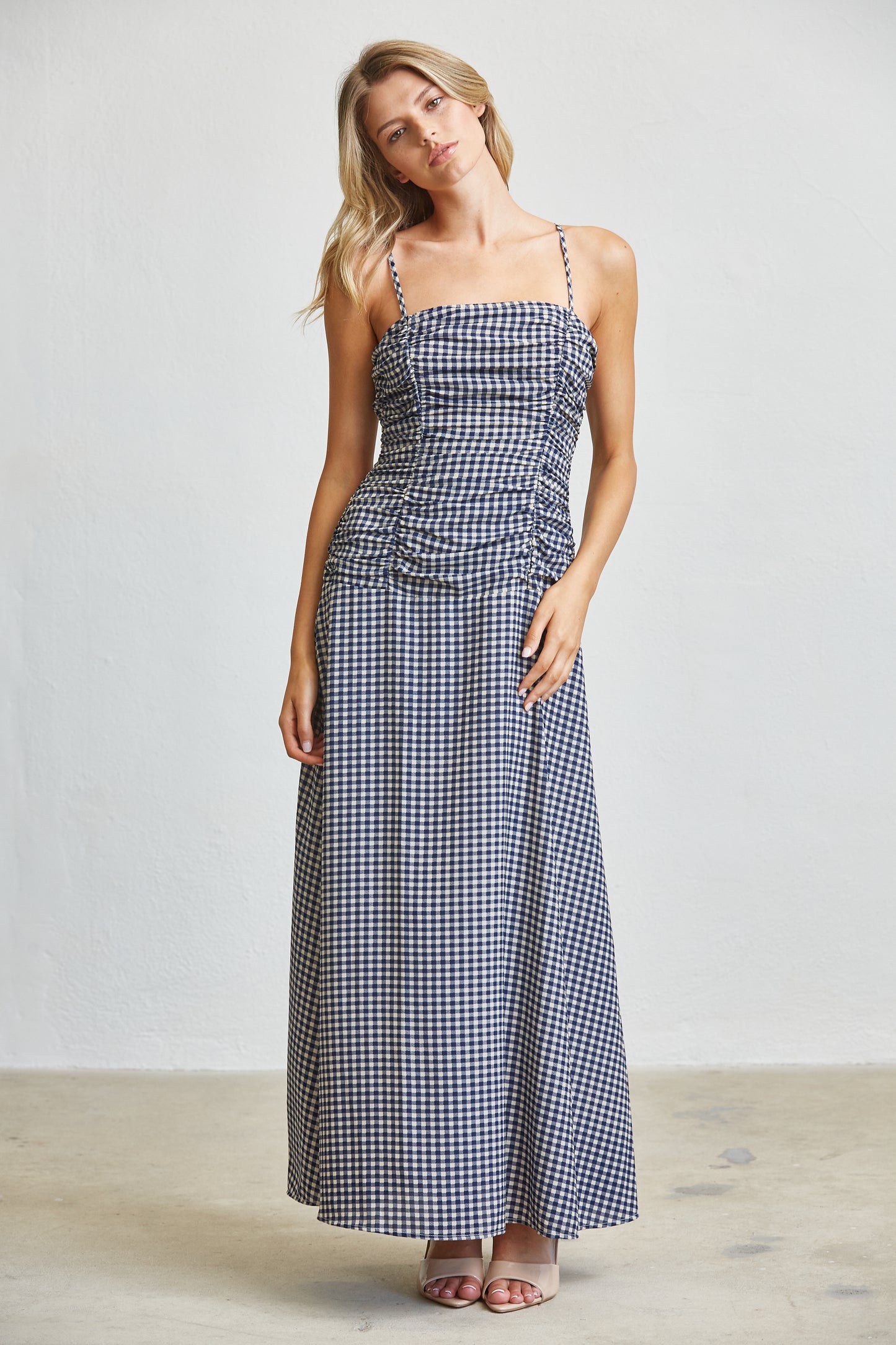 CHECK RUCHED MIDI DRESS