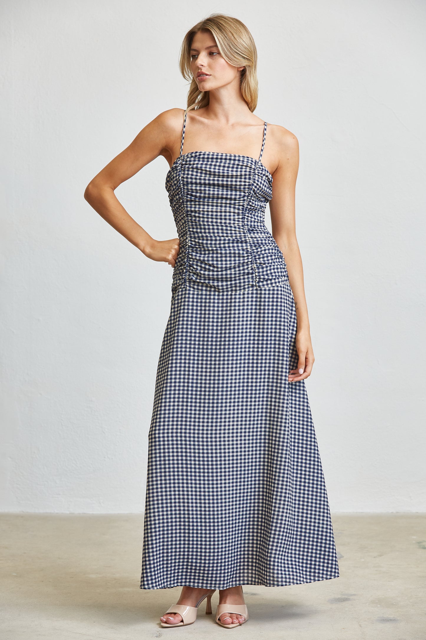 CHECK RUCHED MIDI DRESS