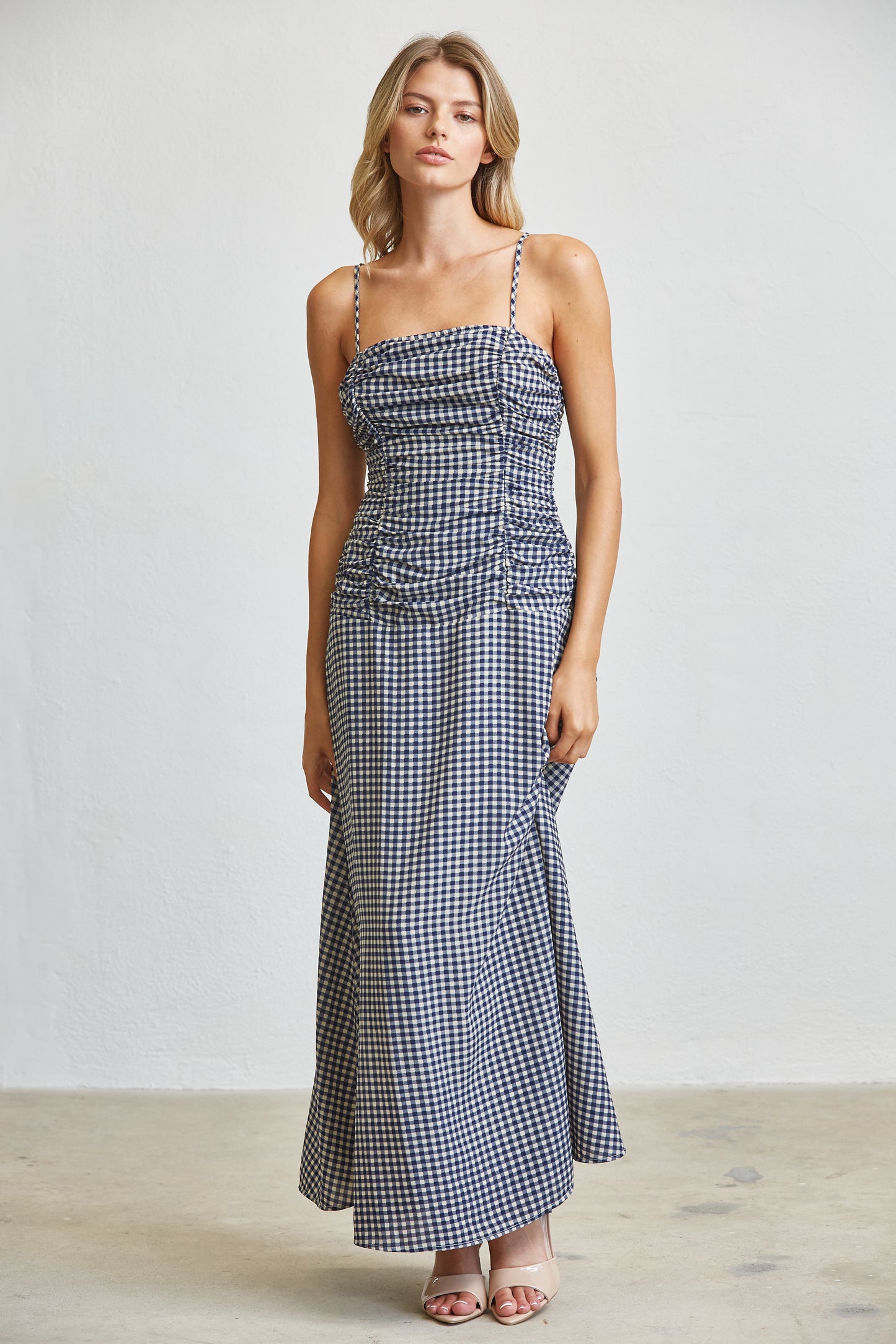 CHECK RUCHED MIDI DRESS
